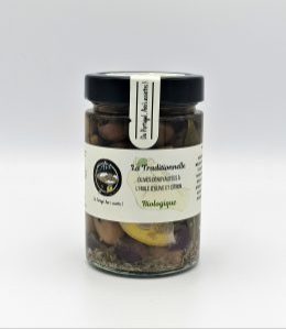 Olives dénoyautées à l’huile d’olive, CITRON et fines herbes «La ‌Traditionnelle» BIOLOGIQUES -‌ 170 grammes.‌