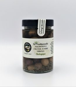 Olives dénoyautées à l’huile d’olive, Ail et fines herbes ”La Traditionnelle” BIOLOGIQUES - 170 grammes.