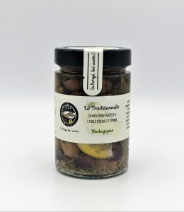 Olives dénoyautées à l’huile d’olive, CITRON et fines herbes «La Traditionnelle» BIOLOGIQUES - 170 grammes.